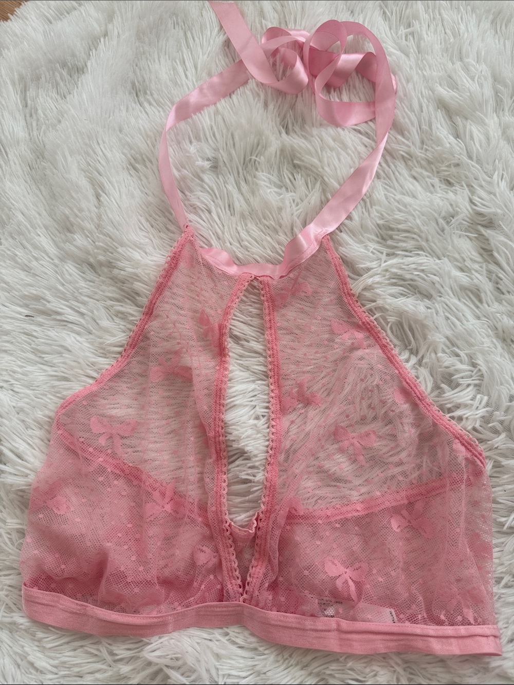 Sugar thrillz Pink Sheer Lace/mesh bow pattern Halter Bralette L